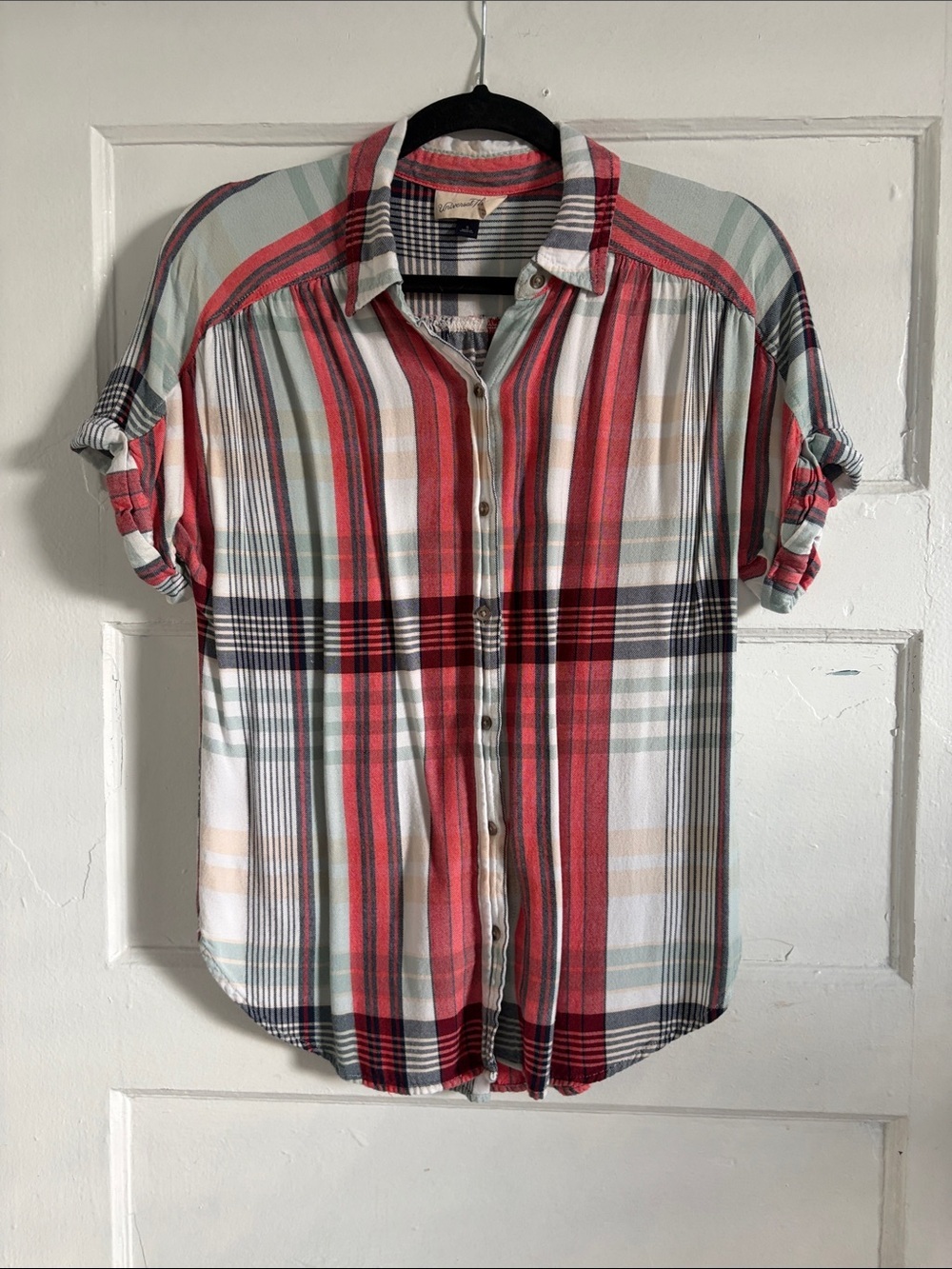 Universal Thread Coral and Mint Plaid Button-Down Shirt